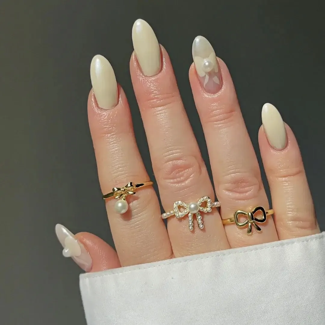 Adorable Pearl Dangle Gold Bow Tie Ring