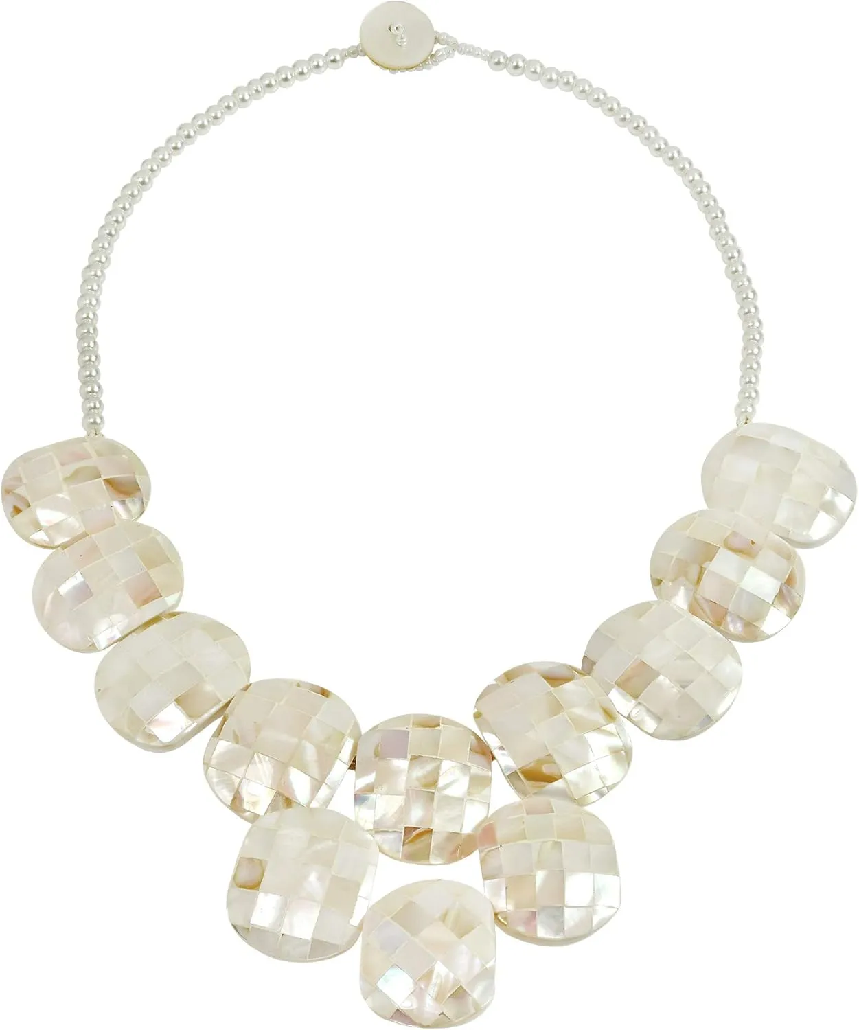 AeraVida Elegant Cascading White Mother of Pearl Mosaic of Linked Ovals Statement Necklace | Handcrafted Boho Chic Mother of Pearl Statement Jewelry for Women