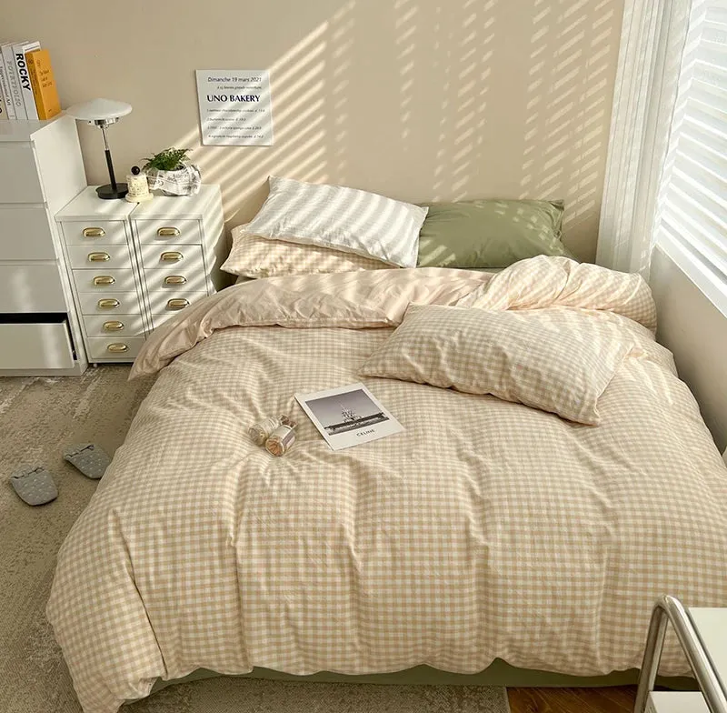 Aesthetic Block Color Plaid Duvet Sheet Bedding Set