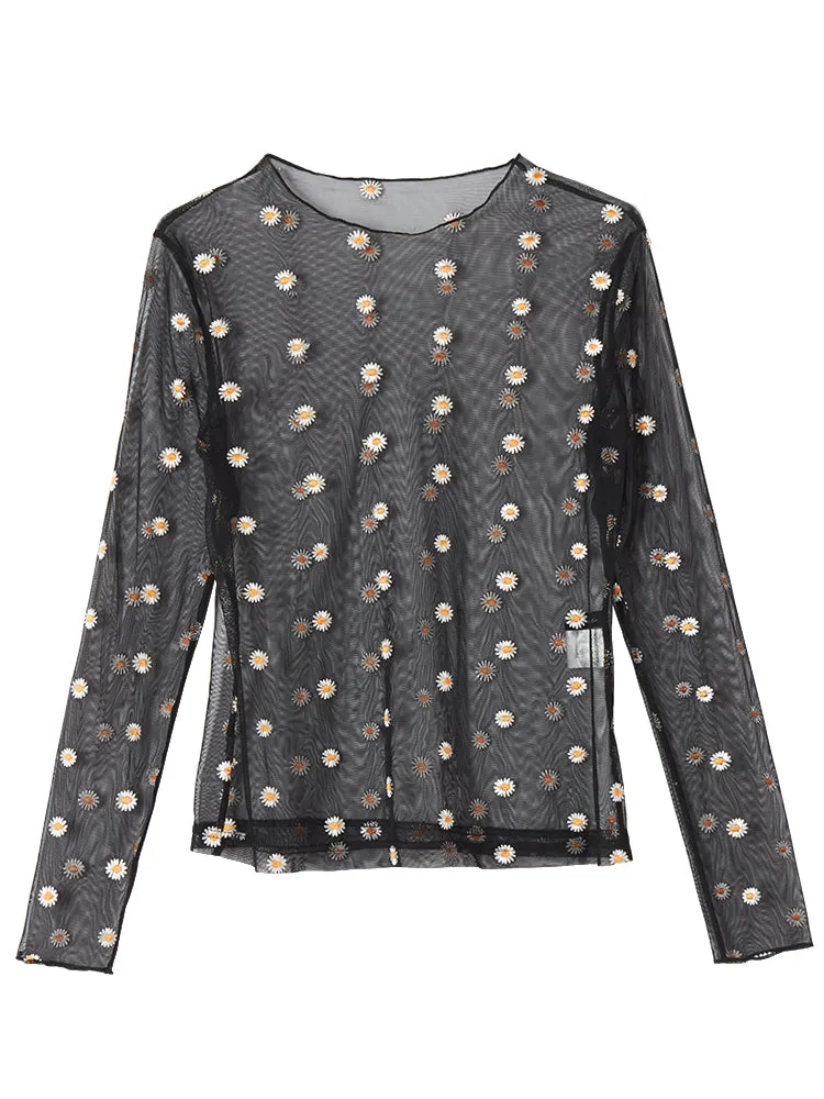 Aesthetic Japanese daisy transparent t-shirt with mesh bottoming shirt