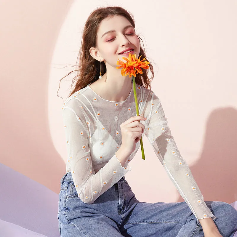 Aesthetic Japanese daisy transparent t-shirt with mesh bottoming shirt