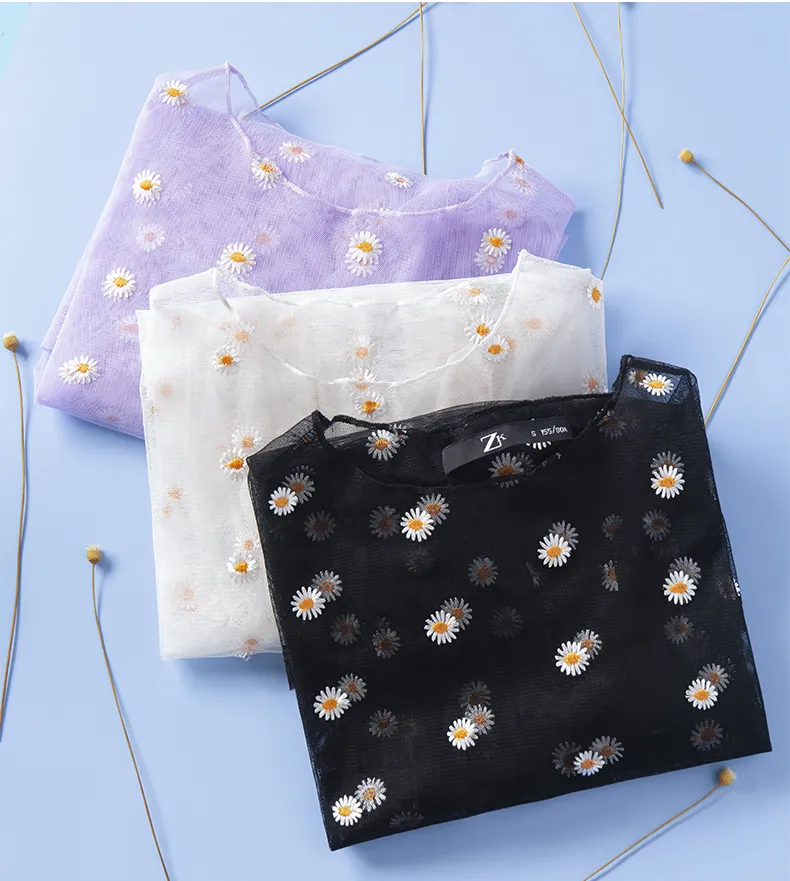 Aesthetic Japanese daisy transparent t-shirt with mesh bottoming shirt
