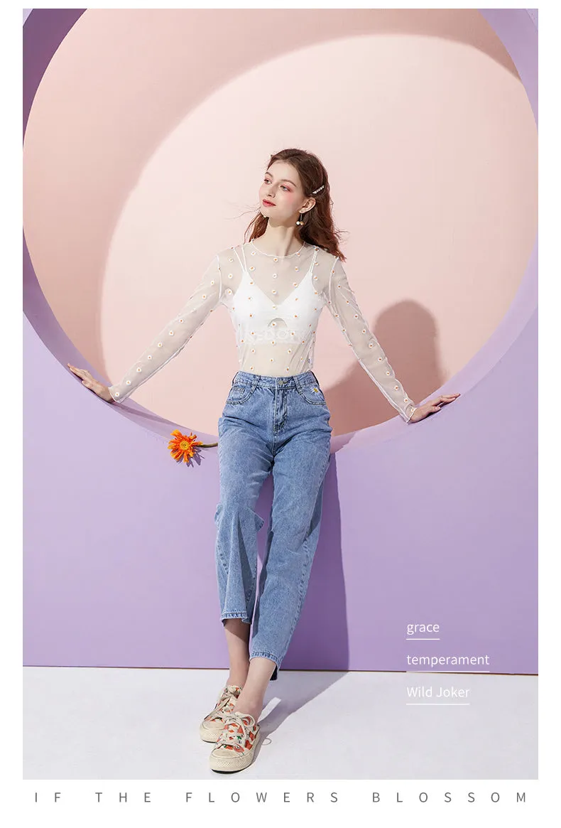 Aesthetic Japanese daisy transparent t-shirt with mesh bottoming shirt