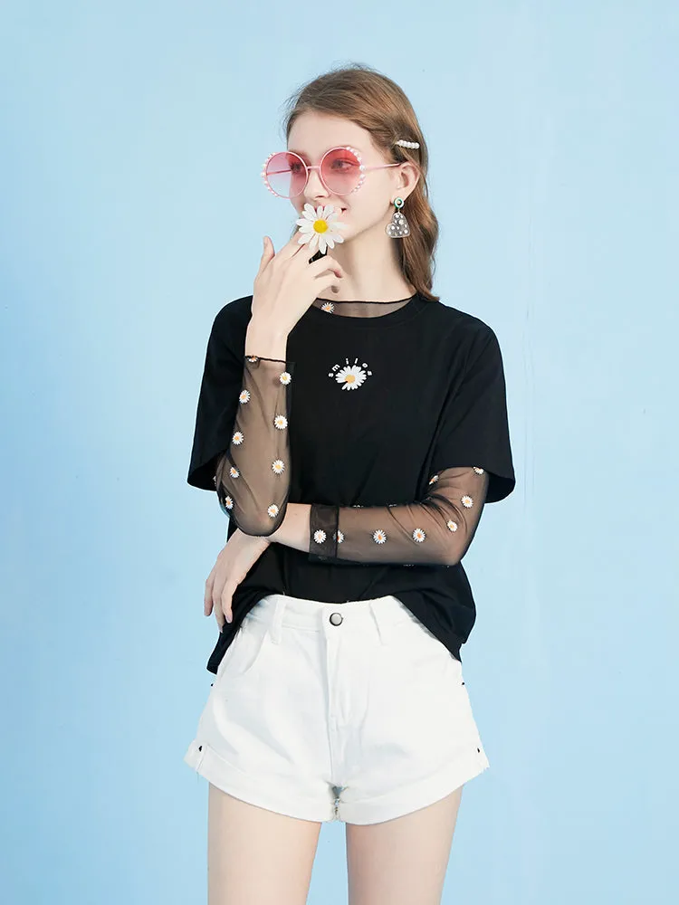 Aesthetic Japanese daisy transparent t-shirt with mesh bottoming shirt