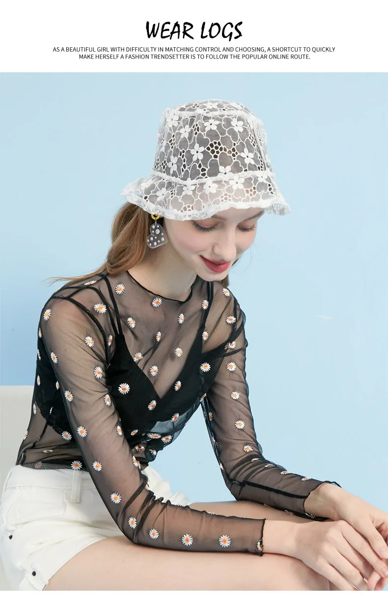 Aesthetic Japanese daisy transparent t-shirt with mesh bottoming shirt