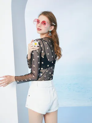 Aesthetic Japanese daisy transparent t-shirt with mesh bottoming shirt