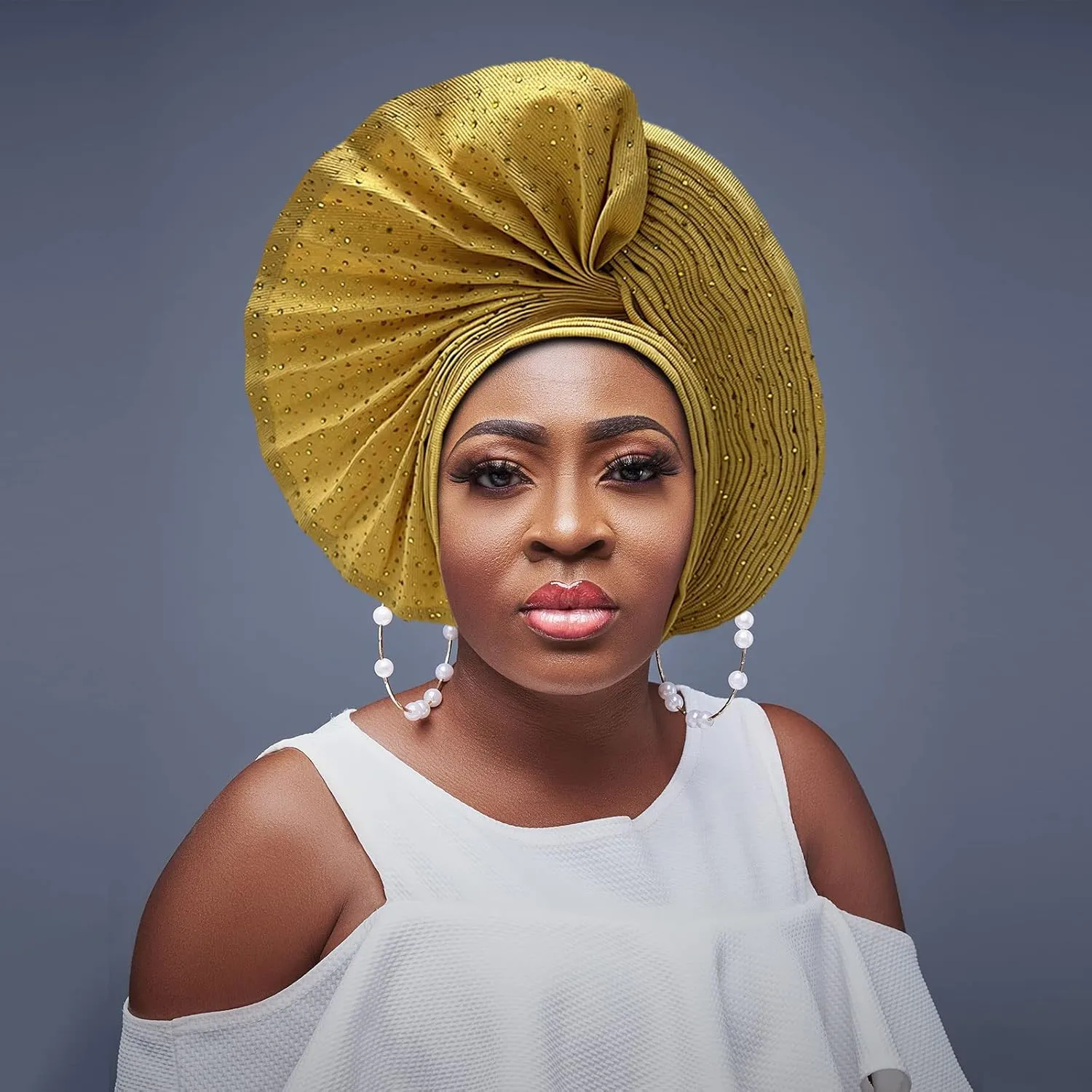 African Head Wrap Already Made Auto Gele Headties Women's Turban Hats&Caps Beading Wedding Nigerian Fashion Headbands (Gold)