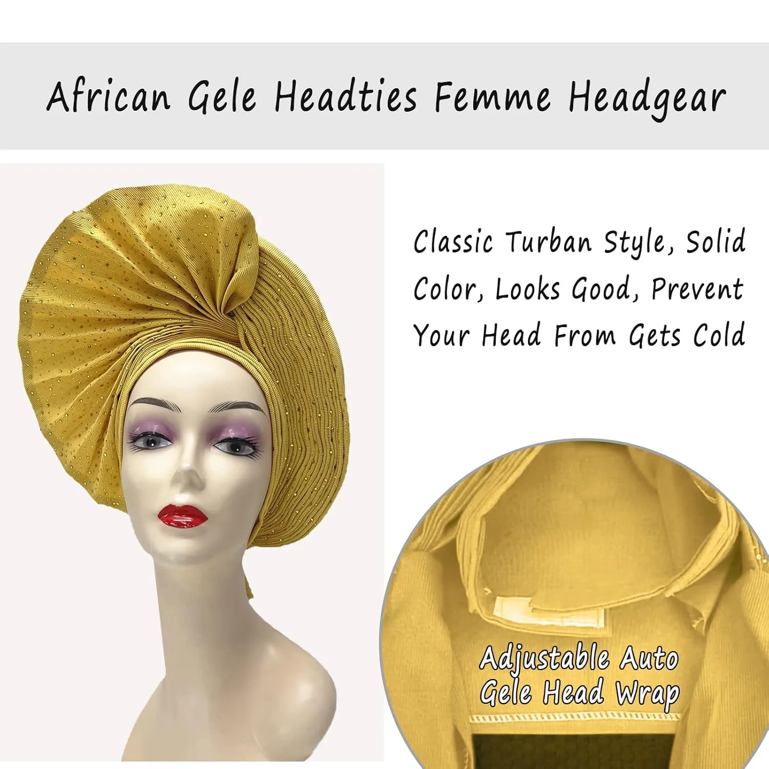 African Head Wrap Already Made Auto Gele Headties Women's Turban Hats&Caps Beading Wedding Nigerian Fashion Headbands (Gold)