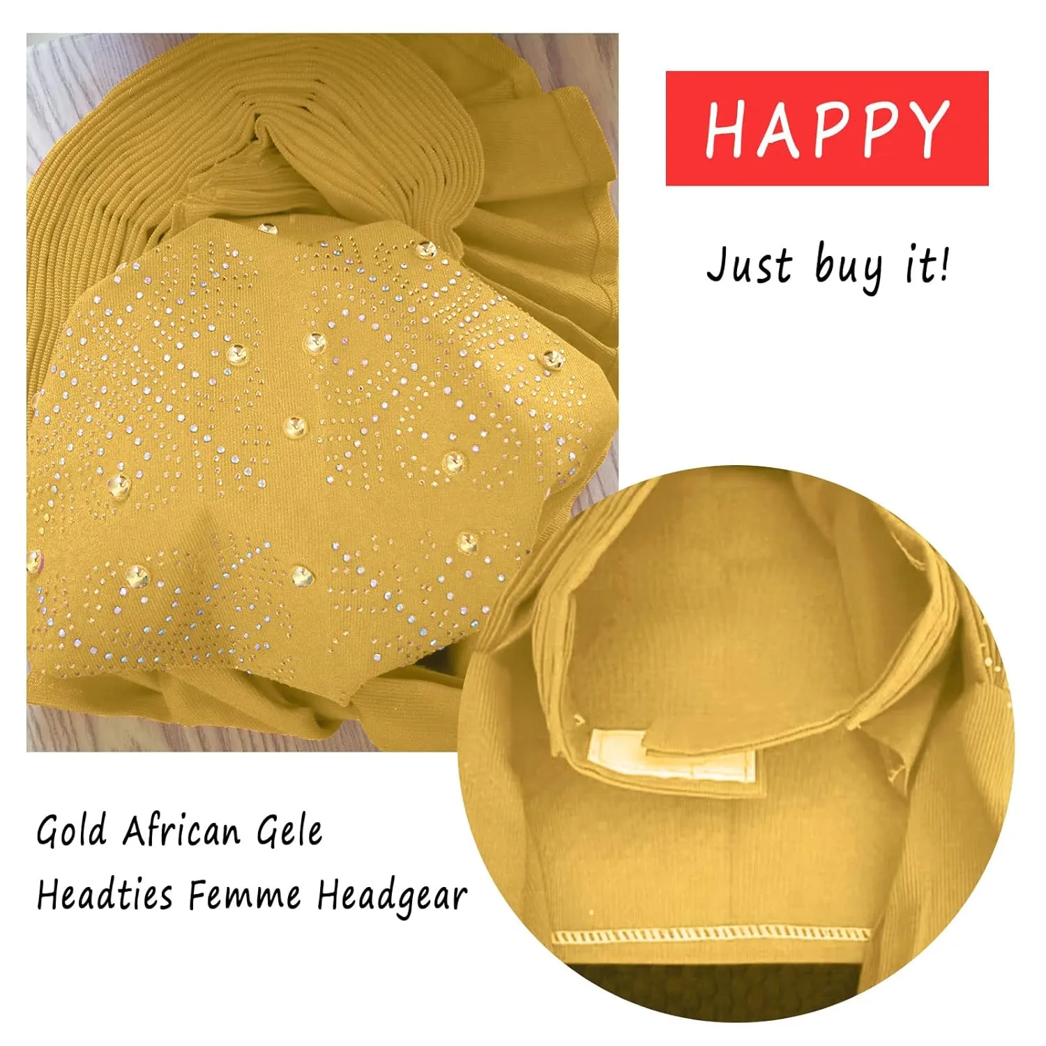 African Head Wrap Already Made Auto Gele Headties Women's Turban Hats&Caps Beading Wedding Nigerian Fashion Headbands (Gold)