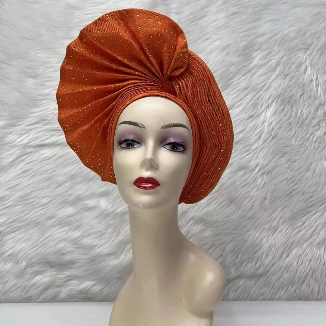 African Head Wrap Already Made Auto Gele Headties Women's Turban Hats&Caps Beading Wedding Nigerian Fashion Headbands (Orange)