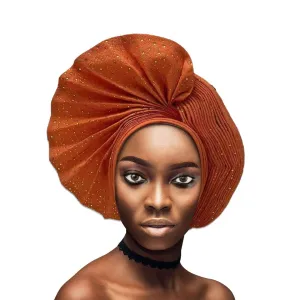 African Head Wrap Already Made Auto Gele Headties Women's Turban Hats&Caps Beading Wedding Nigerian Fashion Headbands (Orange)