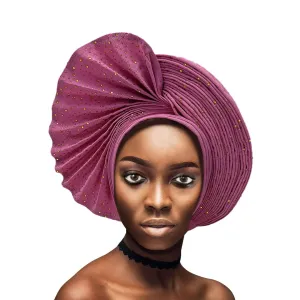 African Head Wrap Already Made Auto Gele Headties Women's Turban Hats&Caps Beading Wedding Nigerian Fashion Headbands (Pink)