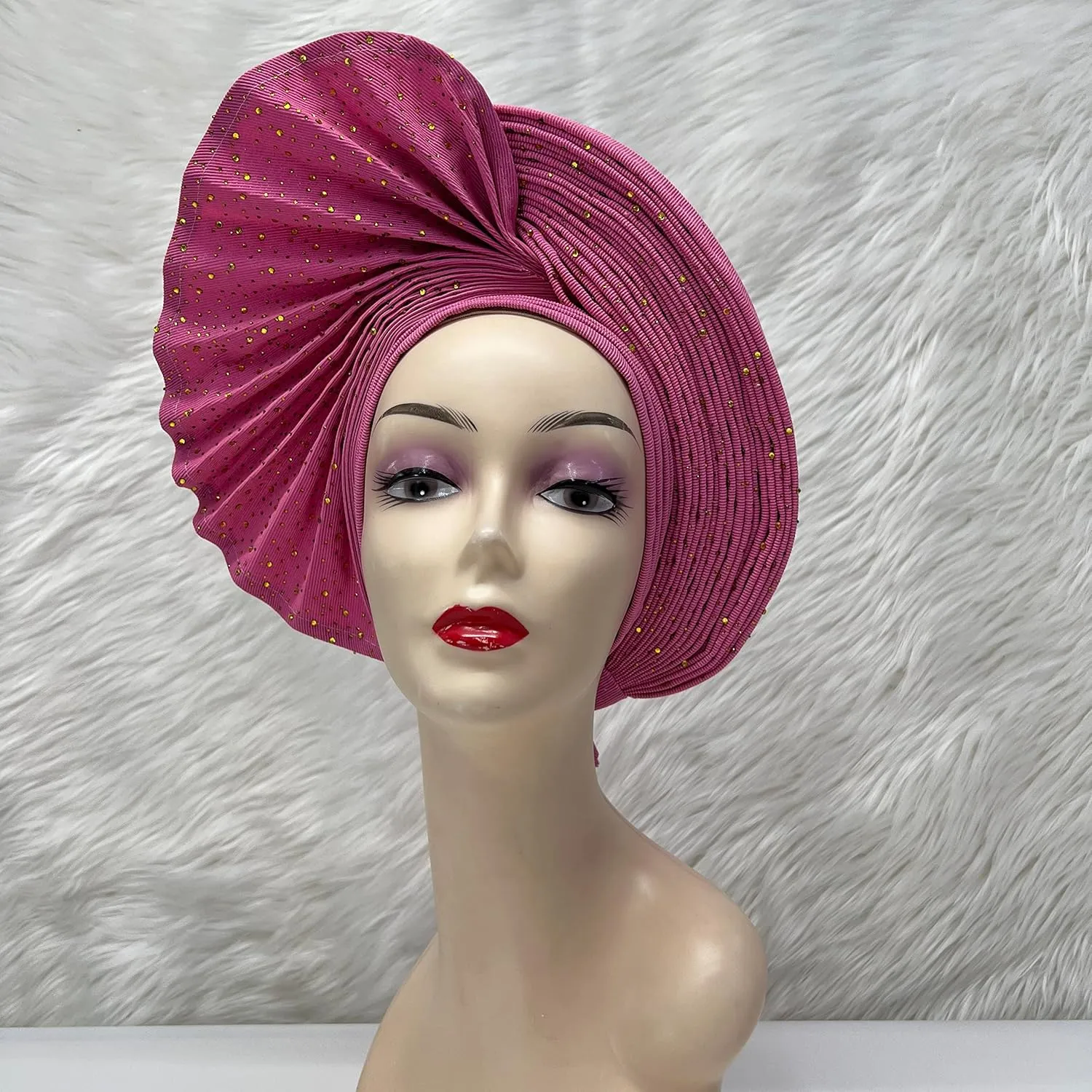 African Head Wrap Already Made Auto Gele Headties Women's Turban Hats&Caps Beading Wedding Nigerian Fashion Headbands (Pink)
