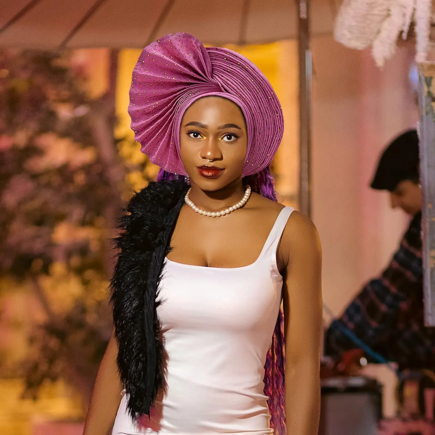 African Head Wrap Already Made Auto Gele Headties Women's Turban Hats&Caps Beading Wedding Nigerian Fashion Headbands (Pink)