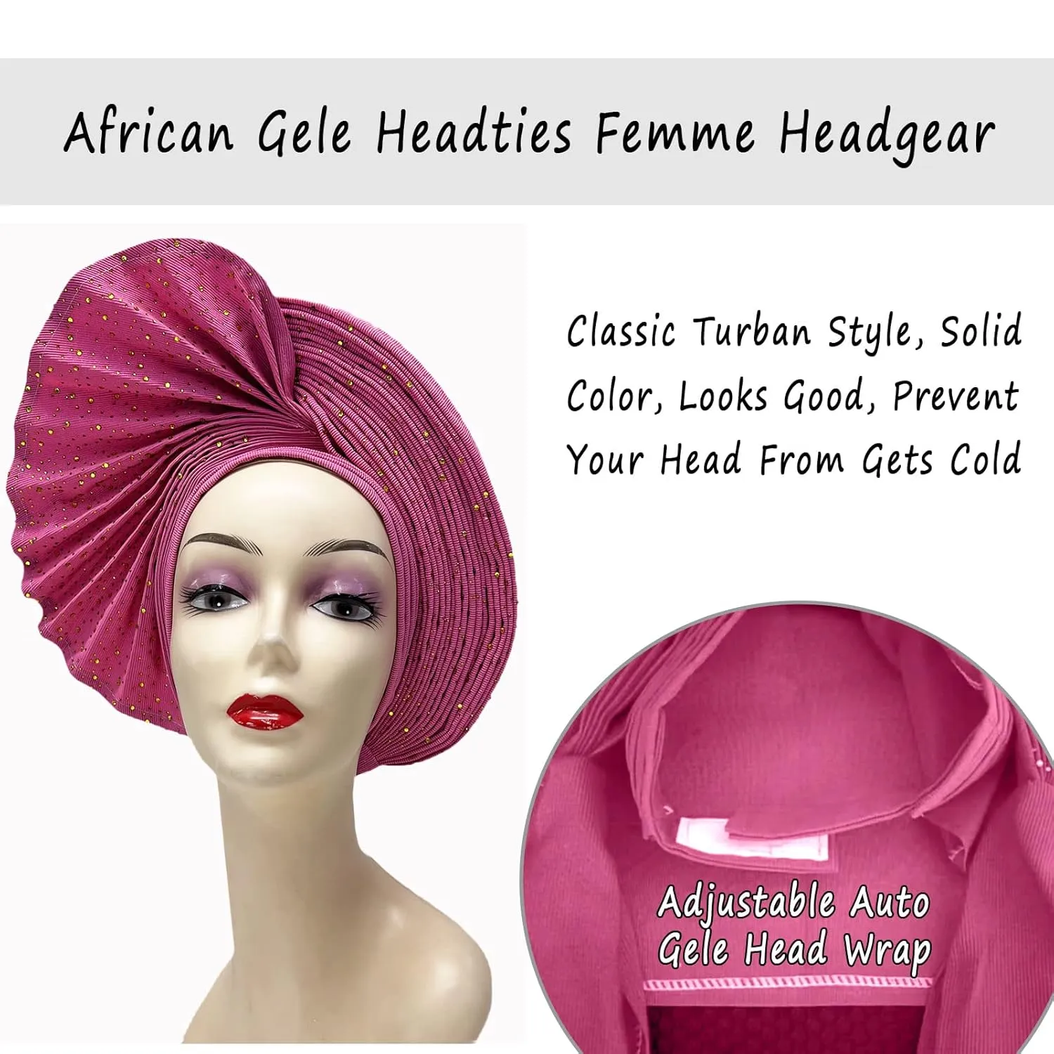 African Head Wrap Already Made Auto Gele Headties Women's Turban Hats&Caps Beading Wedding Nigerian Fashion Headbands (Pink)