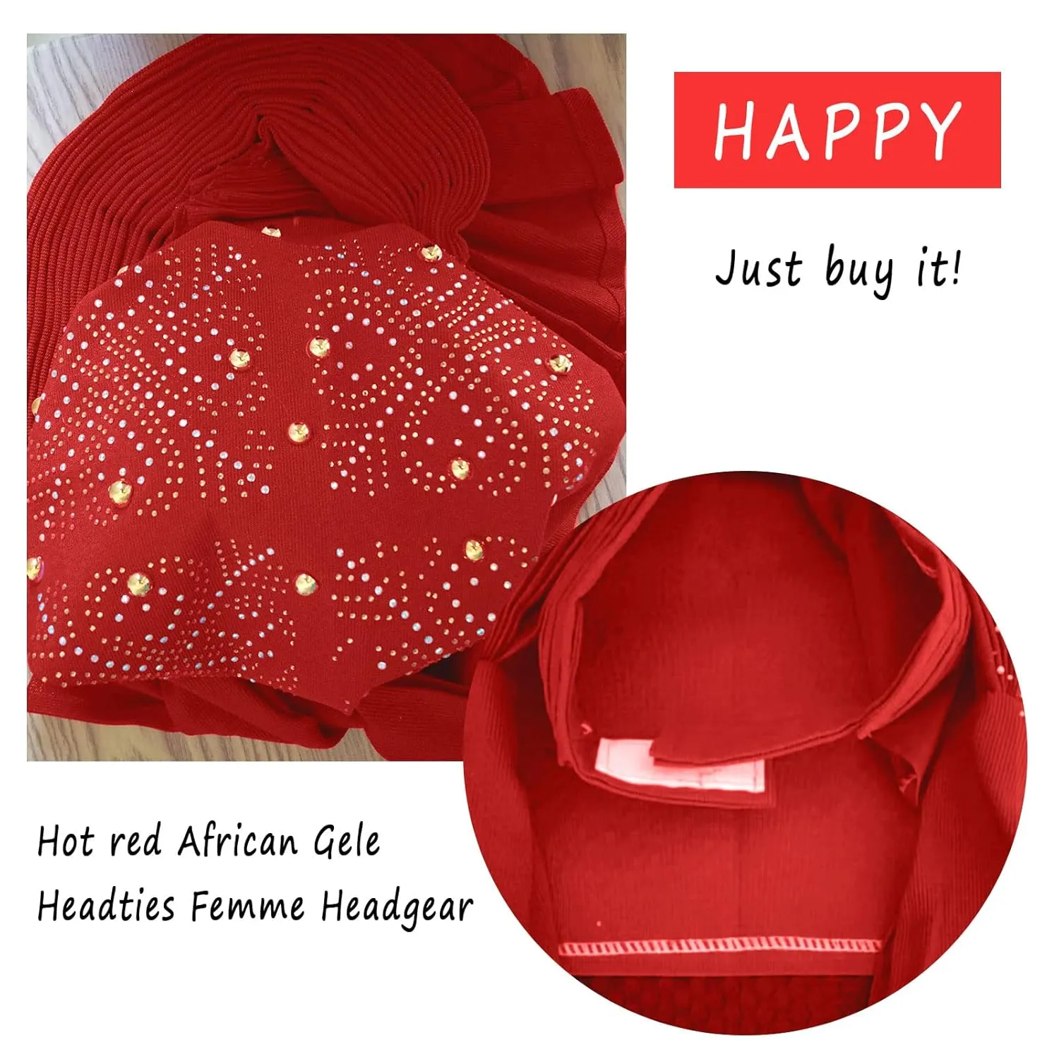 African Head Wrap Already Made Auto Gele Headties Women's Turban Hats&Caps Beading Wedding Nigerian Fashion Headbands (Red)