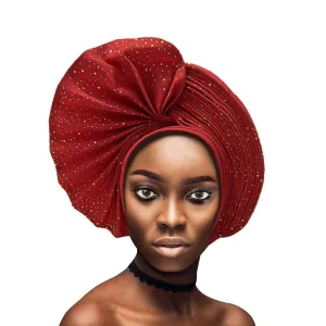 African Head Wrap Already Made Auto Gele Headties Women's Turban Hats&Caps Beading Wedding Nigerian Fashion Headbands (Red)