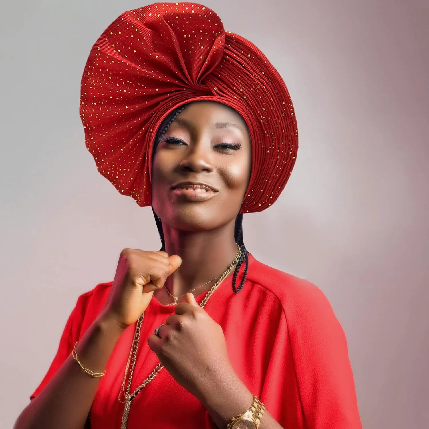 African Head Wrap Already Made Auto Gele Headties Women's Turban Hats&Caps Beading Wedding Nigerian Fashion Headbands (Red)