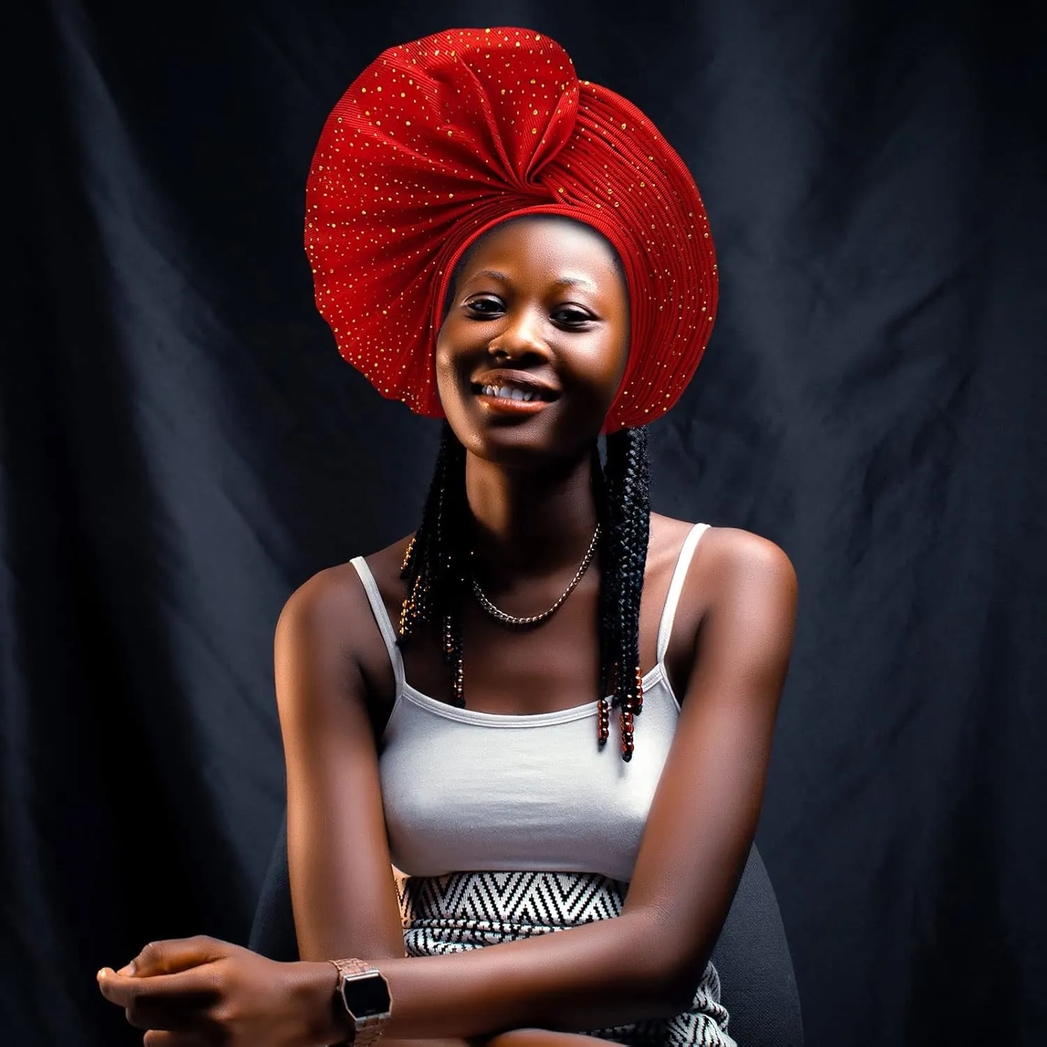 African Head Wrap Already Made Auto Gele Headties Women's Turban Hats&Caps Beading Wedding Nigerian Fashion Headbands (Red)