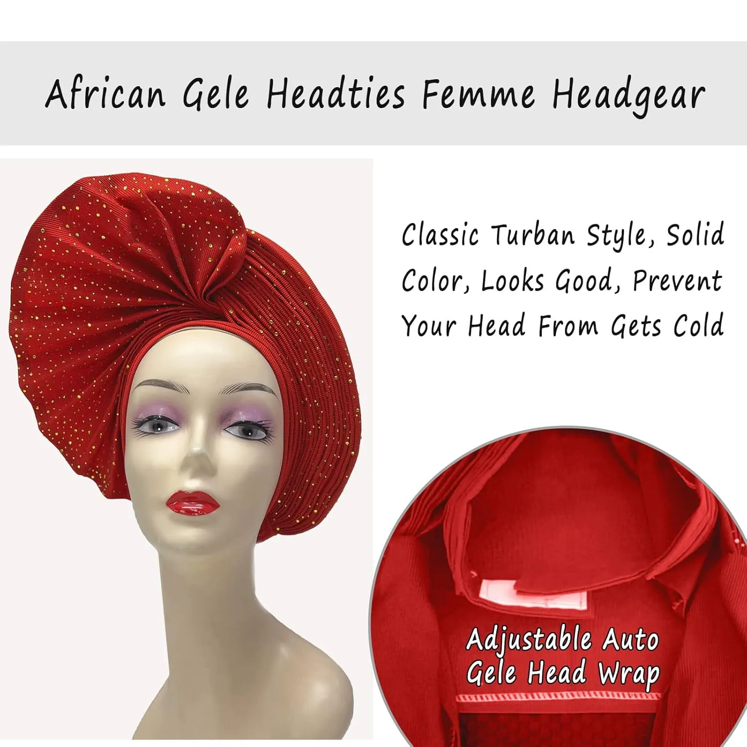 African Head Wrap Already Made Auto Gele Headties Women's Turban Hats&Caps Beading Wedding Nigerian Fashion Headbands (Red)