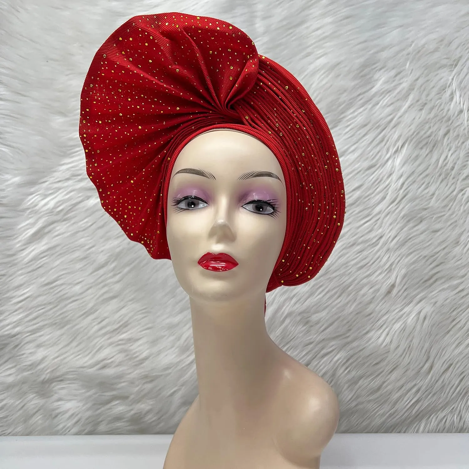 African Head Wrap Already Made Auto Gele Headties Women's Turban Hats&Caps Beading Wedding Nigerian Fashion Headbands (Red)