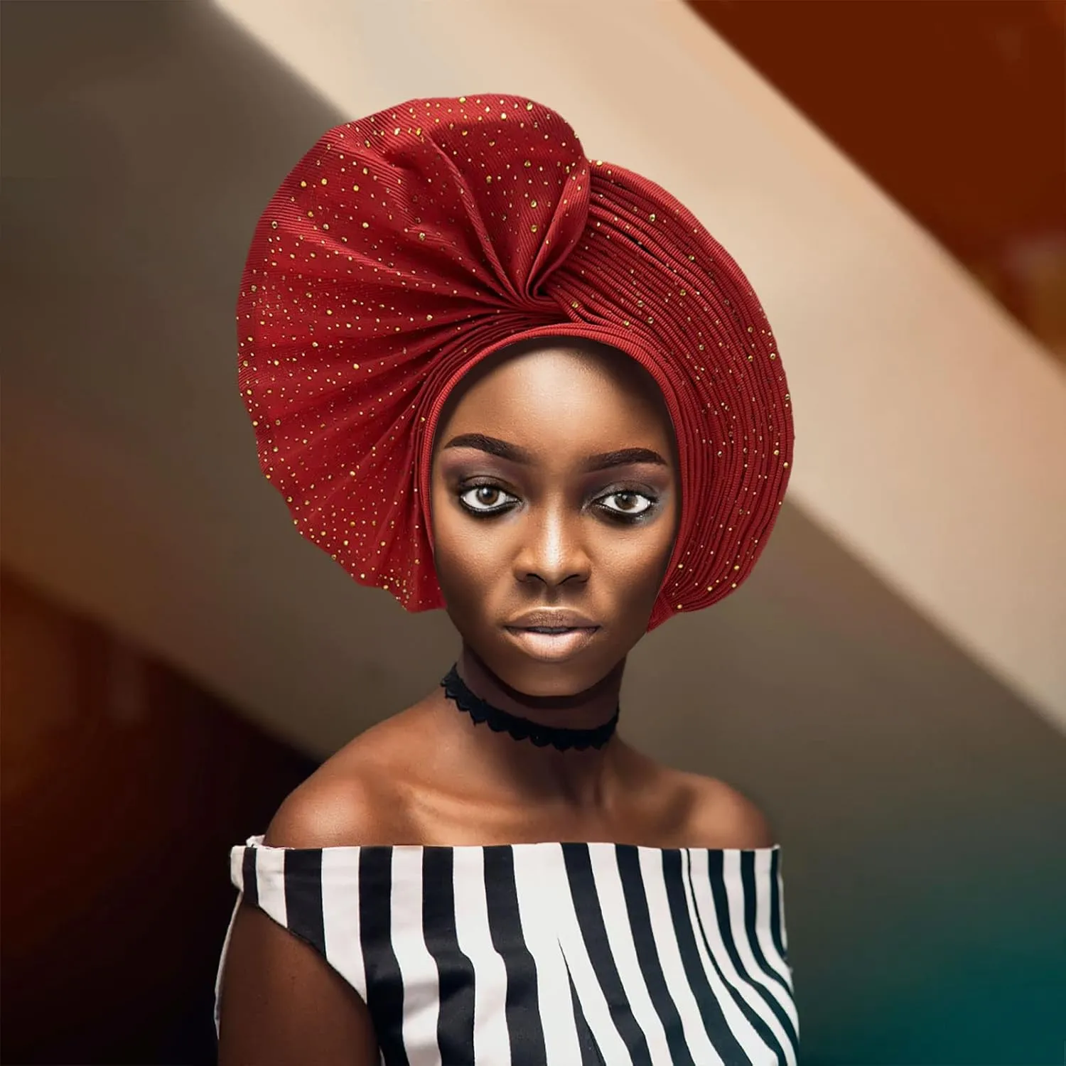 African Head Wrap Already Made Auto Gele Headties Women's Turban Hats&Caps Beading Wedding Nigerian Fashion Headbands (Red)