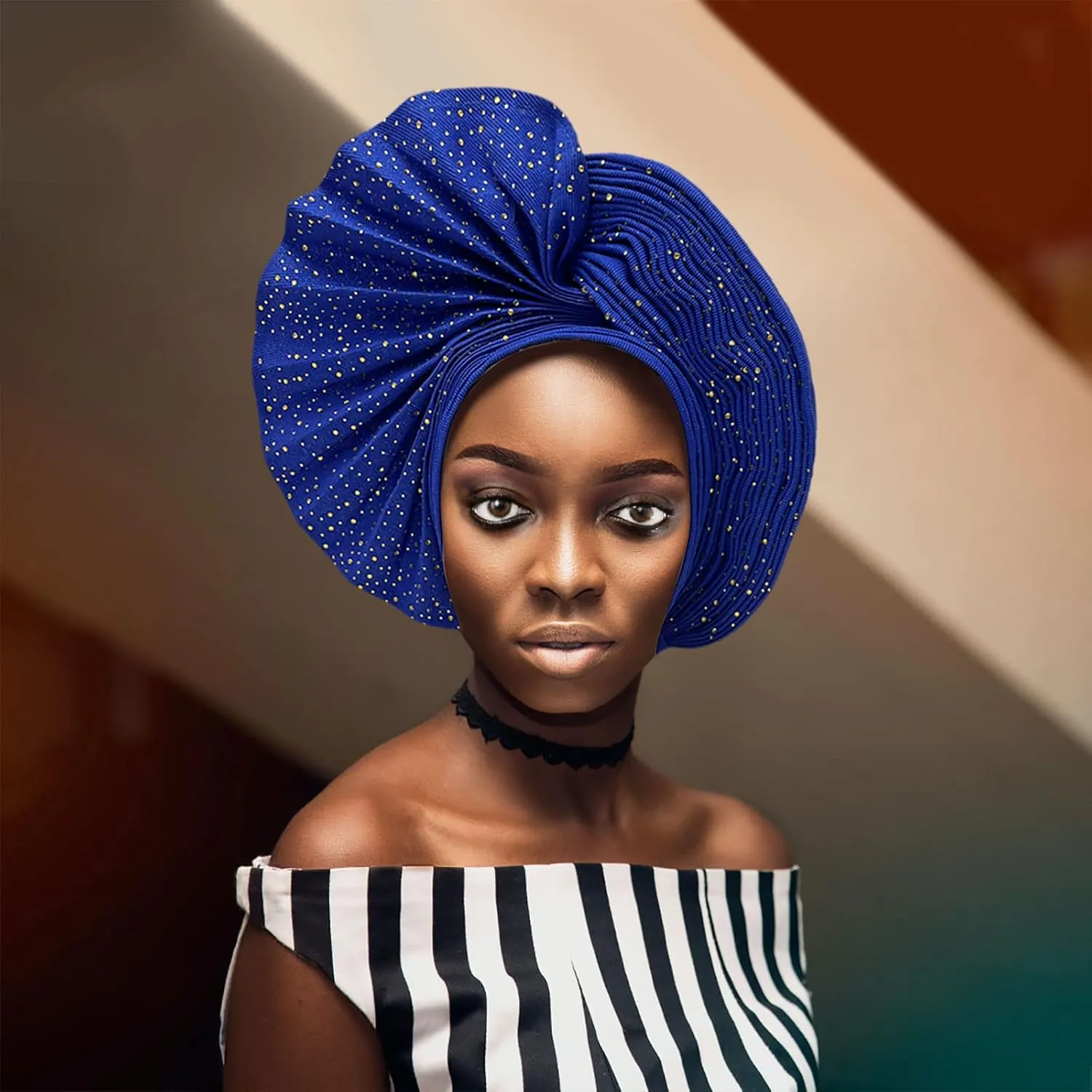 African Head Wrap Already Made Auto Gele Headties Women's Turban Hats&Caps Beading Wedding Nigerian Fashion Headbands (Royal Blue)