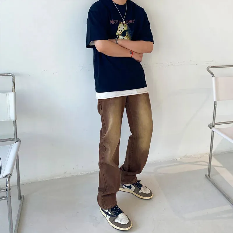 Aidase Brown Baggy Jeans Men Fashion Retro Casual Straight Jeans Men Streetwear Korean Hip Hop Denim Pants Mens Trousers S-2XL