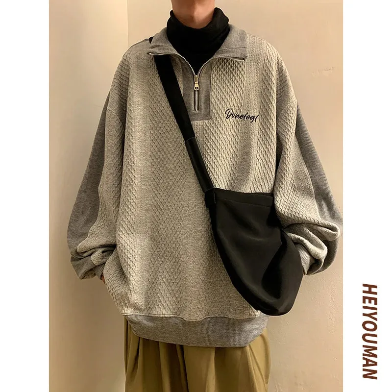 Aidase Men Harajuku Sweatshirts Korean Hip Hop Solid Color Basic Oversized Pullovers Y2K Zipper Hoodie Tops Streetwear Male