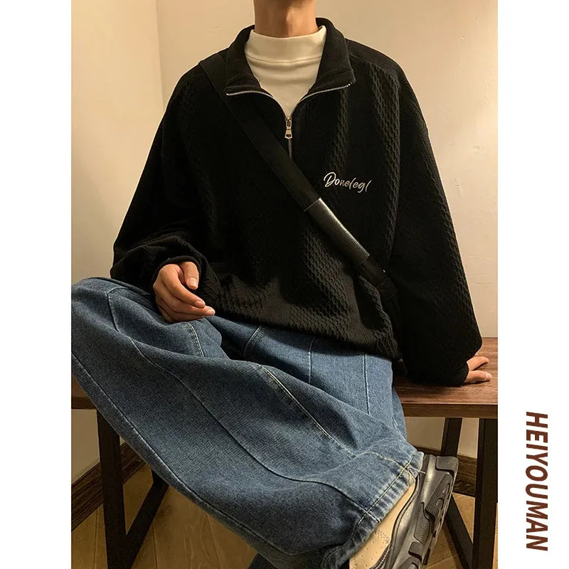 Aidase Men Harajuku Sweatshirts Korean Hip Hop Solid Color Basic Oversized Pullovers Y2K Zipper Hoodie Tops Streetwear Male