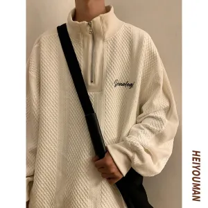 Aidase Men Harajuku Sweatshirts Korean Hip Hop Solid Color Basic Oversized Pullovers Y2K Zipper Hoodie Tops Streetwear Male