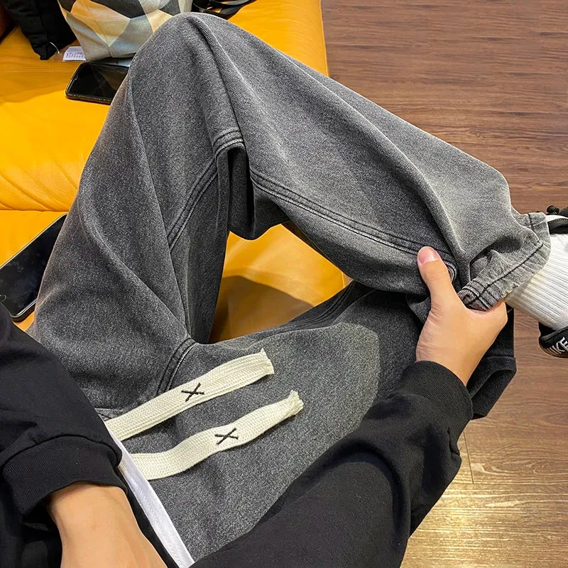 Aidase New Korean Fashion Men's Baggy Jeans Oversized Wide Leg Jeans Men's Spring Straight Elastic Waist Casual Streetwear Trousers 5XL