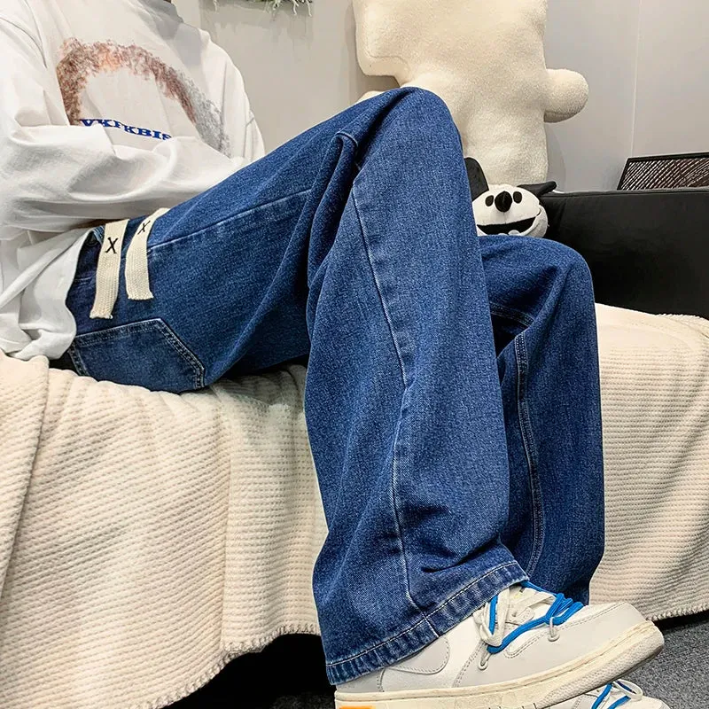 Aidase New Korean Fashion Men's Baggy Jeans Oversized Wide Leg Jeans Men's Spring Straight Elastic Waist Casual Streetwear Trousers 5XL