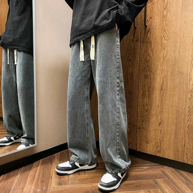 Aidase New Korean Fashion Men's Baggy Jeans Oversized Wide Leg Jeans Men's Spring Straight Elastic Waist Casual Streetwear Trousers 5XL