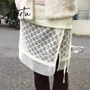 Aiertu Korean Style Tulle Short Skirt Women White Vintage Lace Up Skirts Elegant Sweet Retro Patchwork Streetwear Casual Skirt
