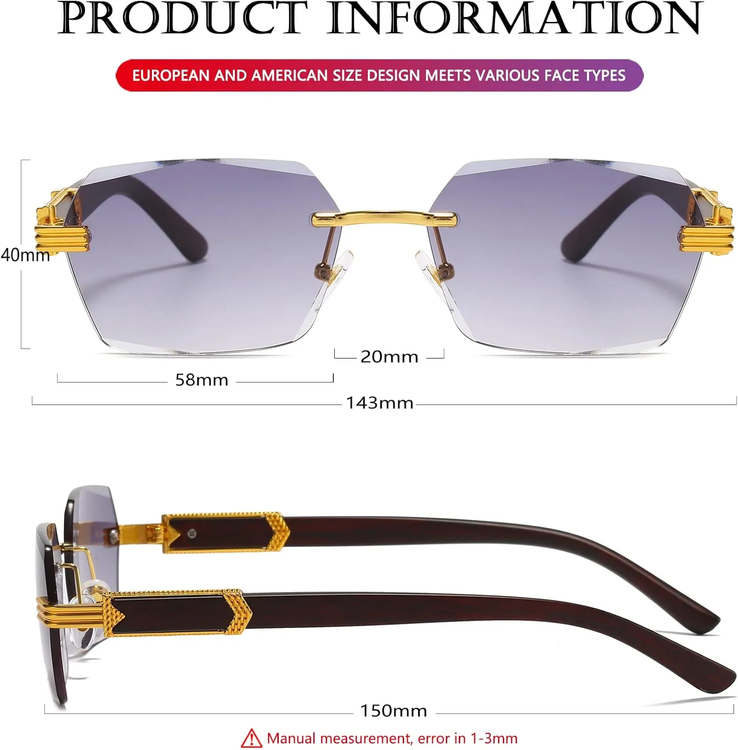 AIEYEZO Retro Rimless Sunglasses Rectangle Unisex Vintage Frameless Sun Glasses Fashion Square Tinted Glasses