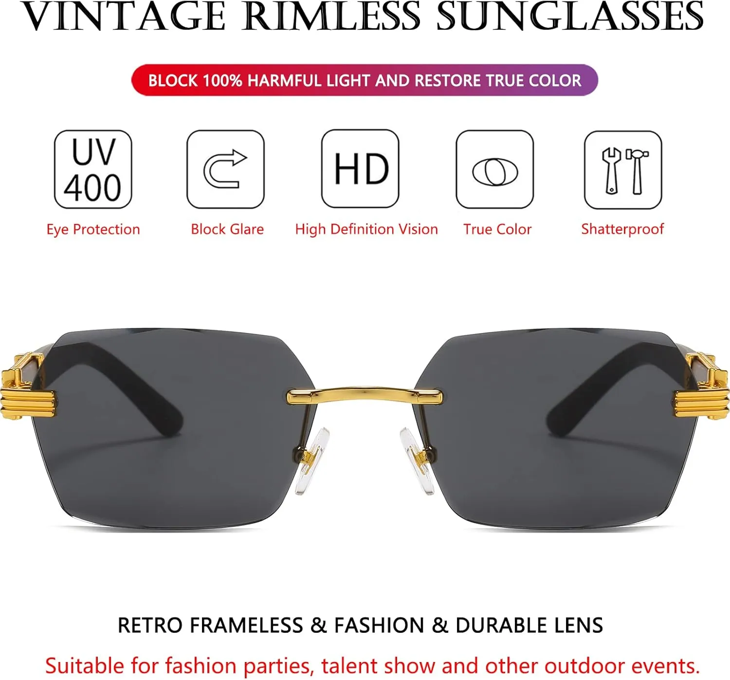 AIEYEZO Retro Rimless Sunglasses Rectangle Unisex Vintage Frameless Sun Glasses Fashion Square Tinted Glasses