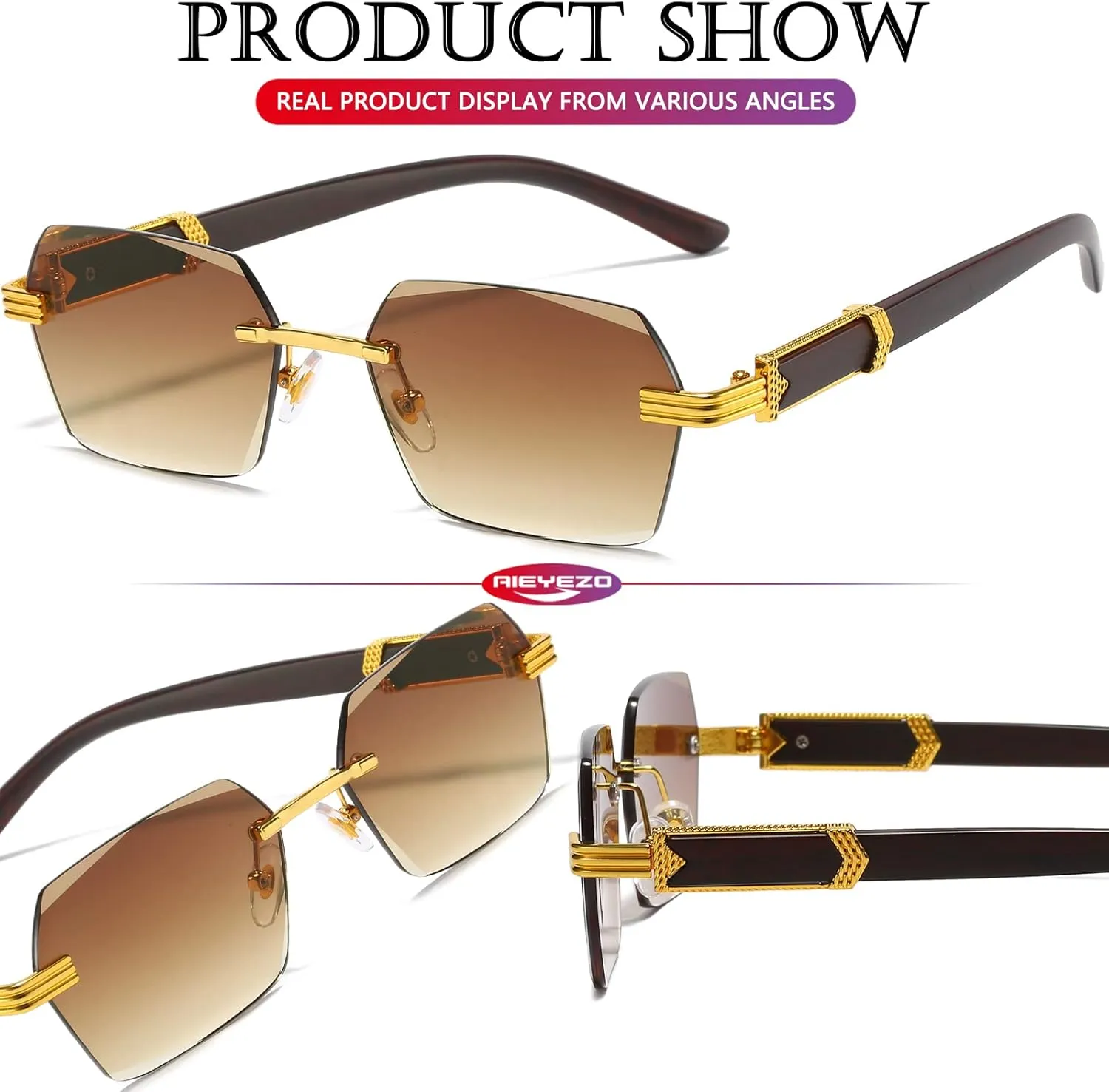 AIEYEZO Retro Rimless Sunglasses Rectangle Unisex Vintage Frameless Sun Glasses Fashion Square Tinted Glasses