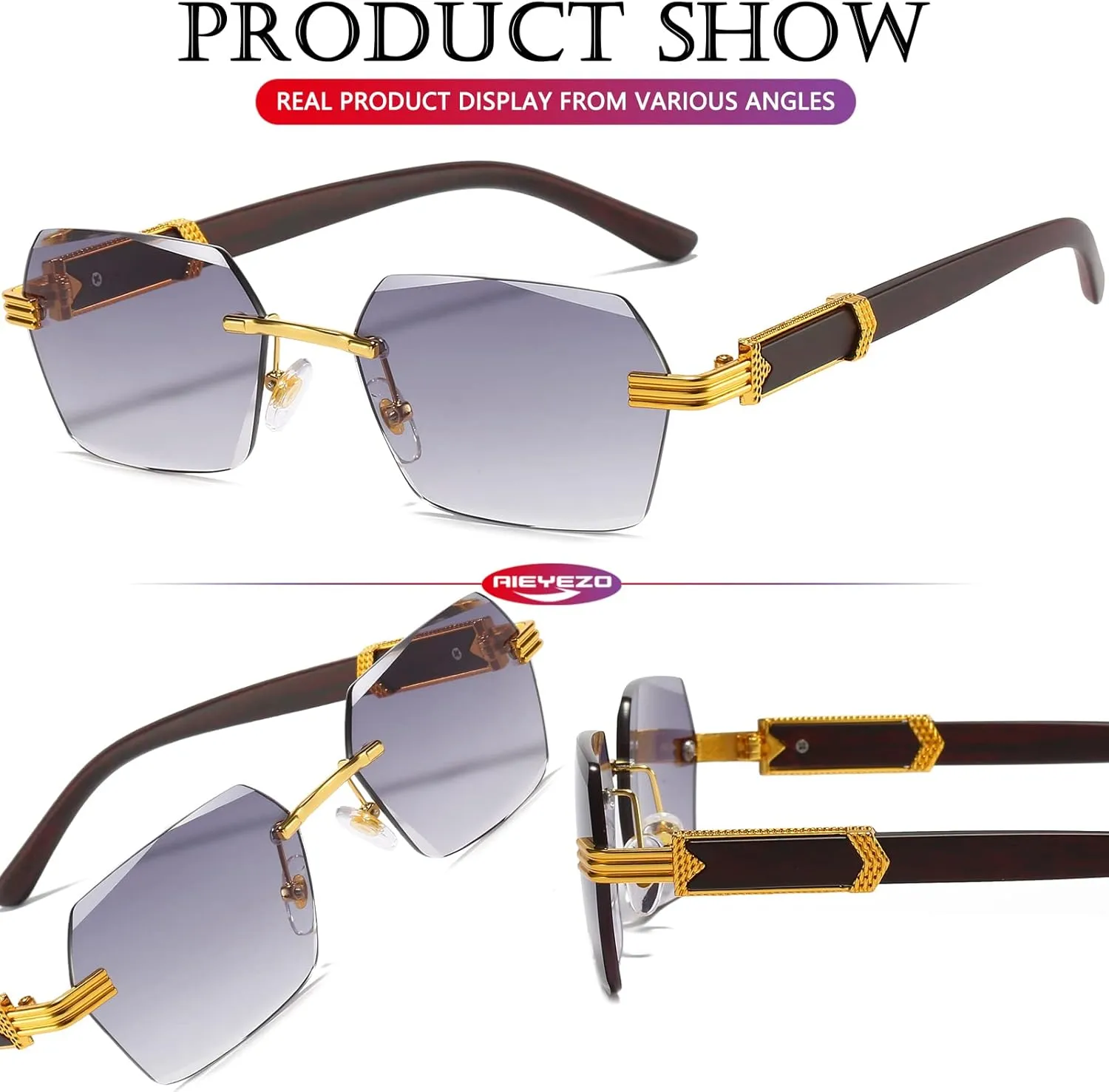AIEYEZO Retro Rimless Sunglasses Rectangle Unisex Vintage Frameless Sun Glasses Fashion Square Tinted Glasses