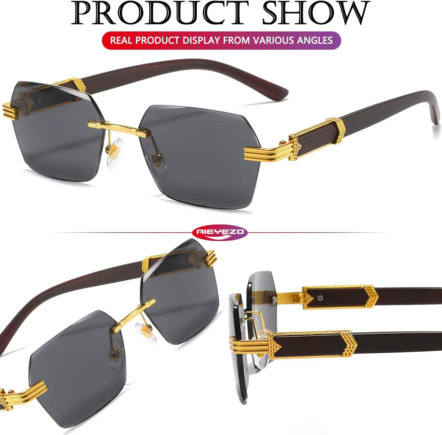 AIEYEZO Retro Rimless Sunglasses Rectangle Unisex Vintage Frameless Sun Glasses Fashion Square Tinted Glasses