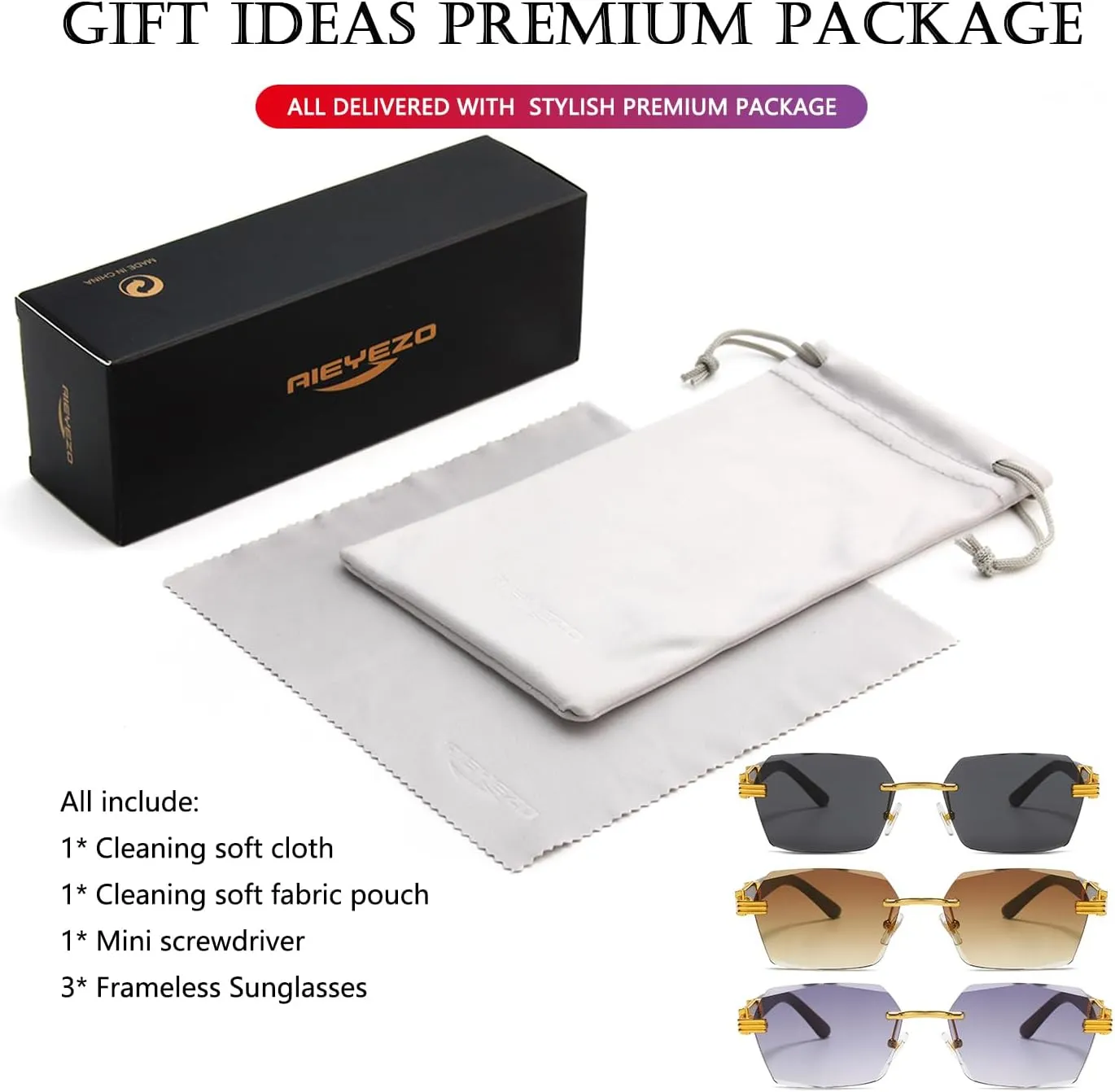AIEYEZO Retro Rimless Sunglasses Rectangle Unisex Vintage Frameless Sun Glasses Fashion Square Tinted Glasses