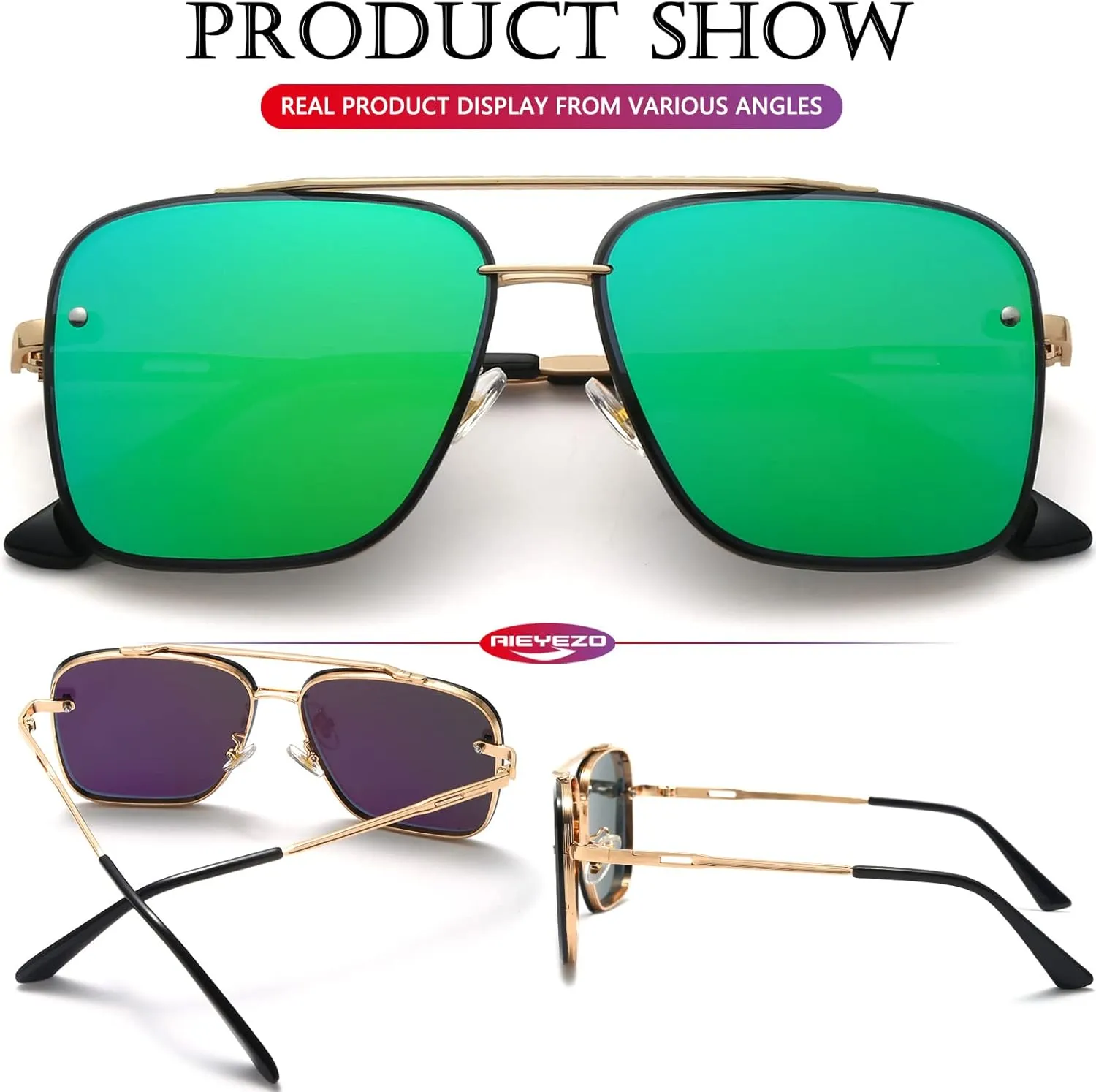 AIEYEZO Square Sunglasses for Men Women Fashion Oversized Glasses Metal Frame Square Aviator Gradient Shades