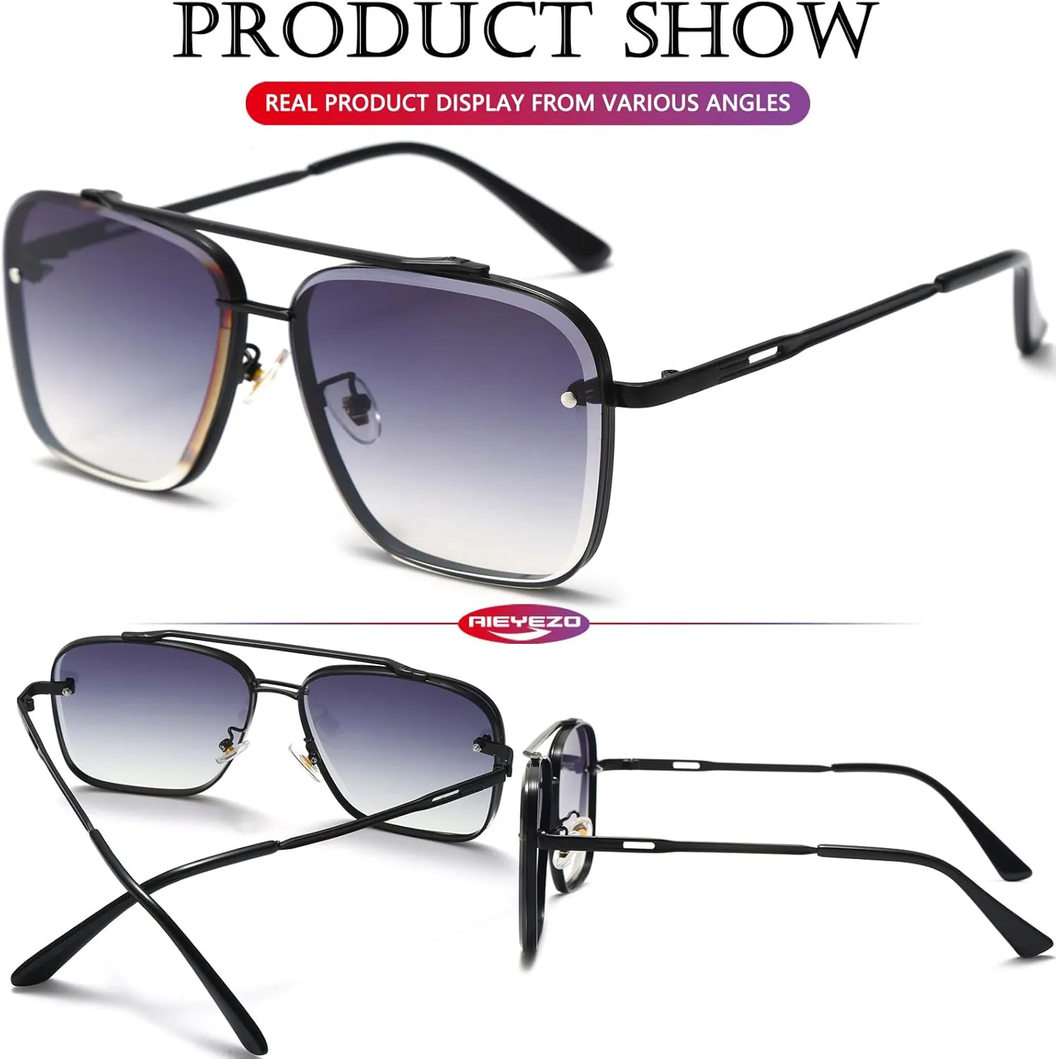 AIEYEZO Square Sunglasses for Men Women Fashion Oversized Glasses Metal Frame Square Aviator Gradient Shades