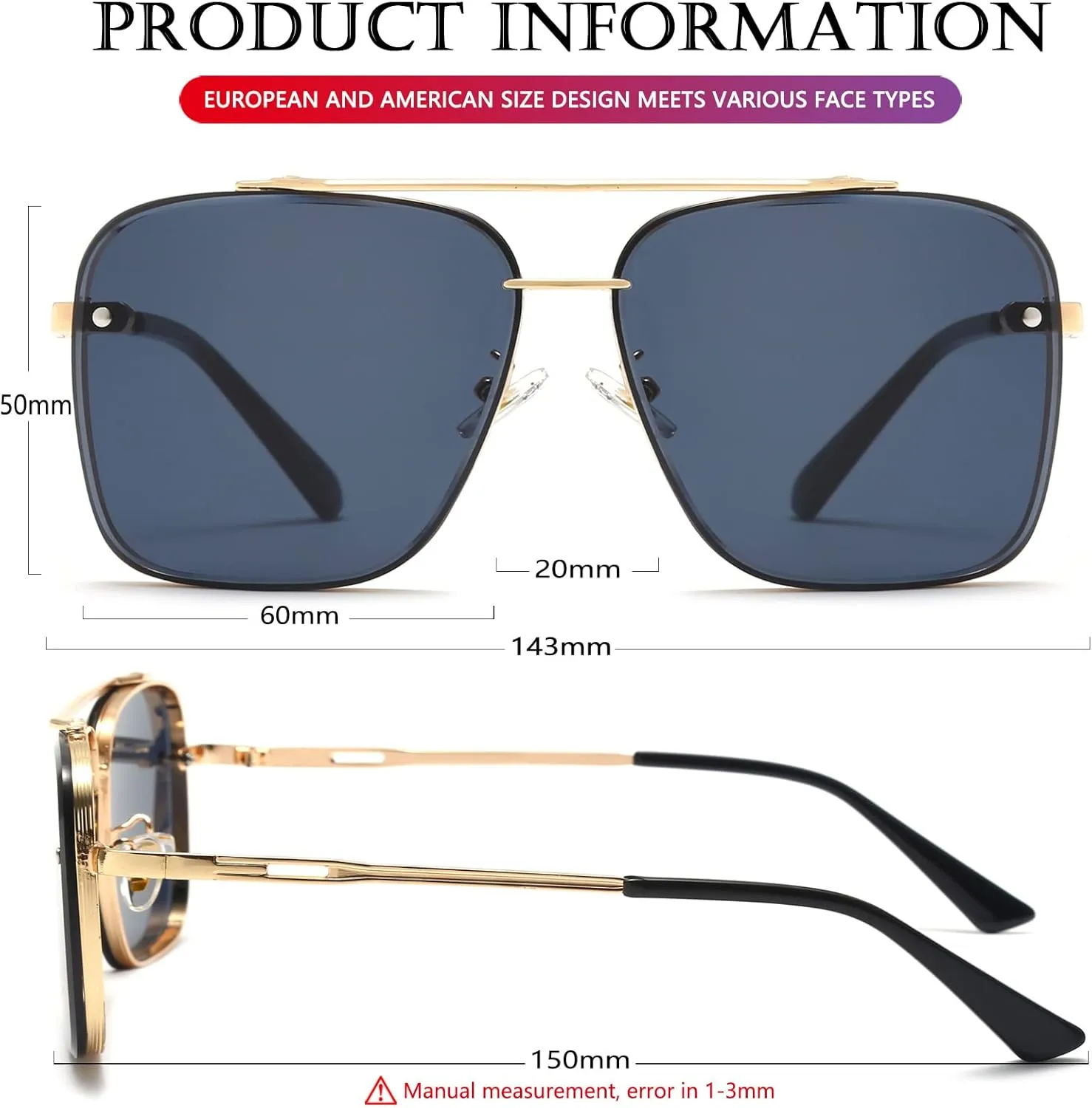 AIEYEZO Square Sunglasses for Men Women Fashion Oversized Glasses Metal Frame Square Aviator Gradient Shades