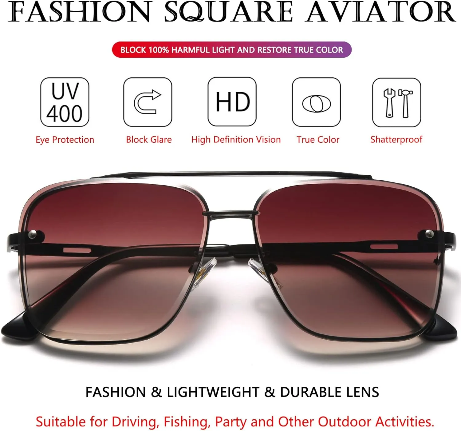 AIEYEZO Square Sunglasses for Men Women Fashion Oversized Glasses Metal Frame Square Aviator Gradient Shades