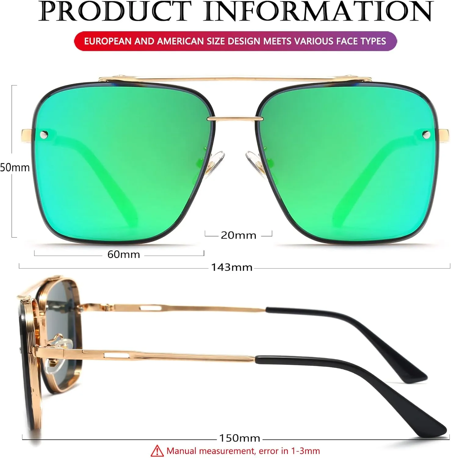 AIEYEZO Square Sunglasses for Men Women Fashion Oversized Glasses Metal Frame Square Aviator Gradient Shades