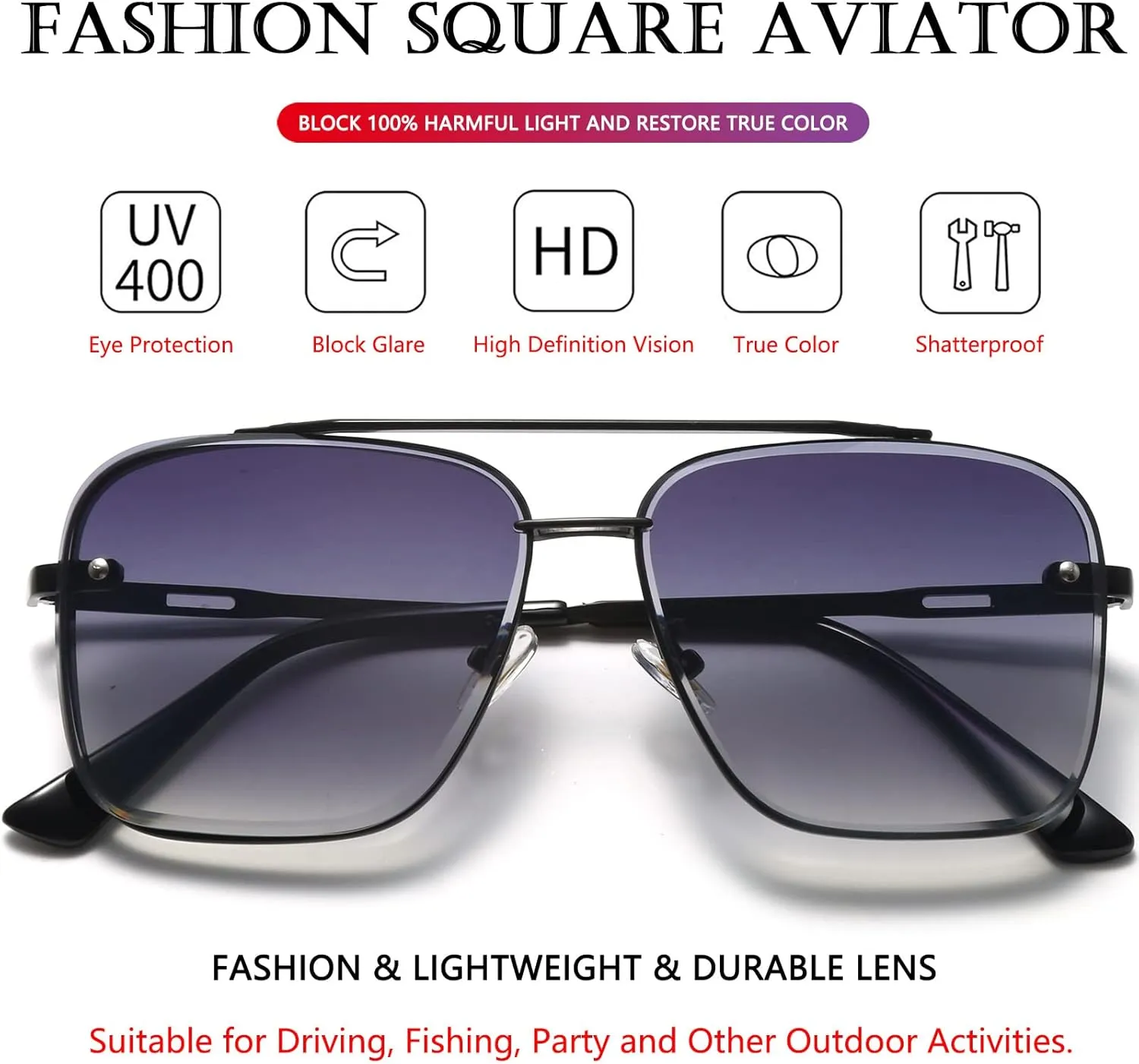 AIEYEZO Square Sunglasses for Men Women Fashion Oversized Glasses Metal Frame Square Aviator Gradient Shades
