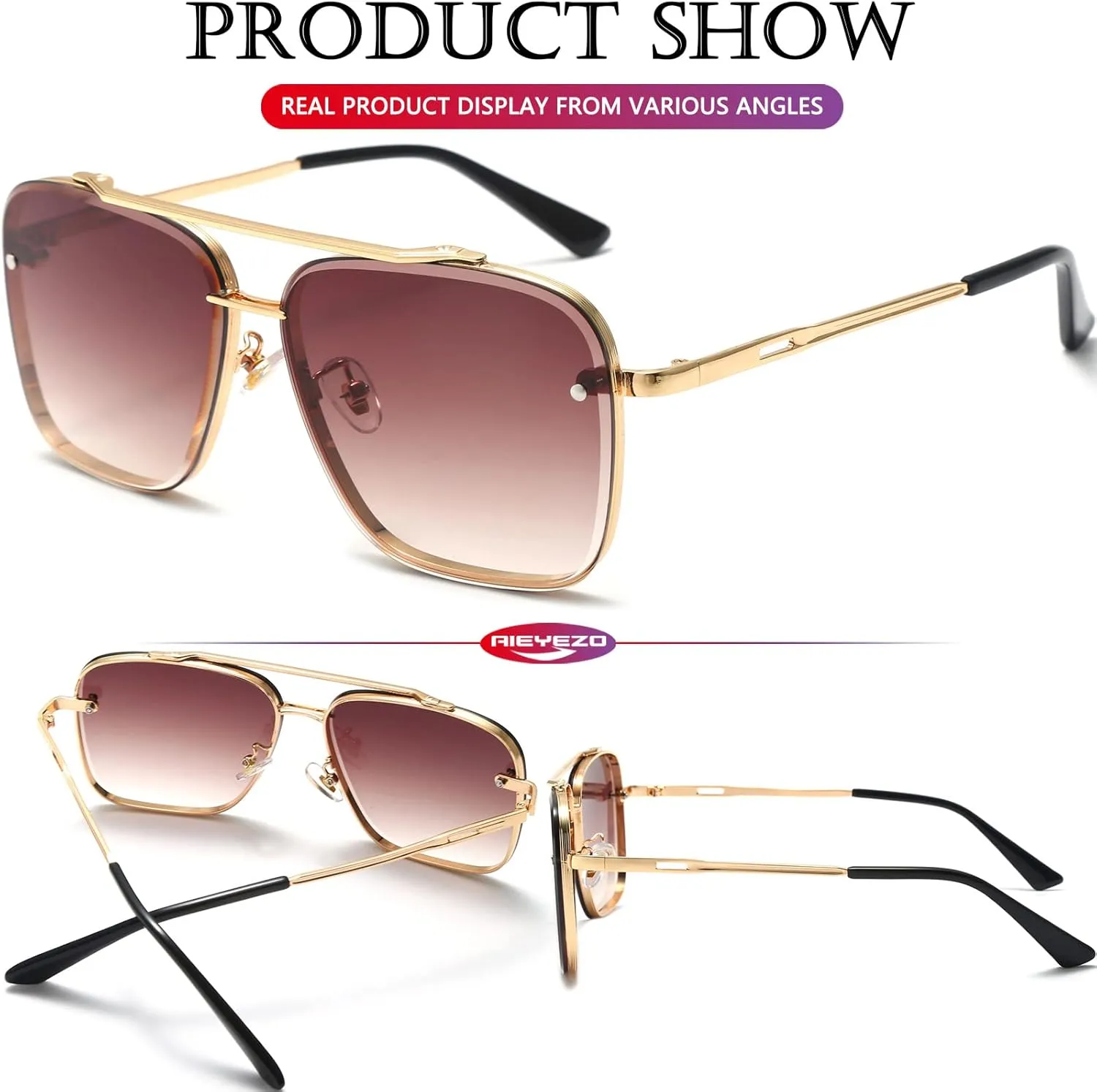 AIEYEZO Square Sunglasses for Men Women Fashion Oversized Glasses Metal Frame Square Aviator Gradient Shades