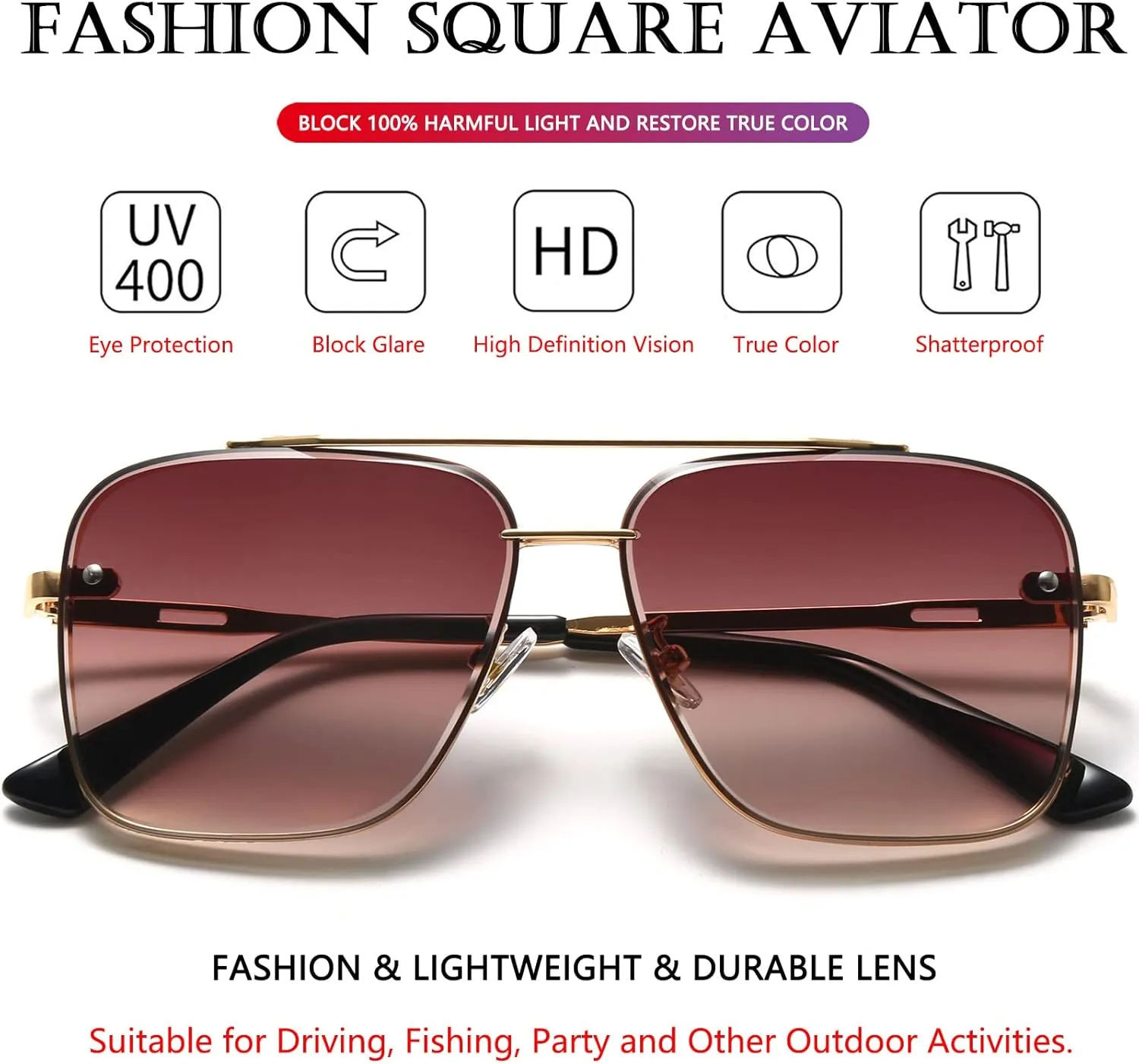 AIEYEZO Square Sunglasses for Men Women Fashion Oversized Glasses Metal Frame Square Aviator Gradient Shades