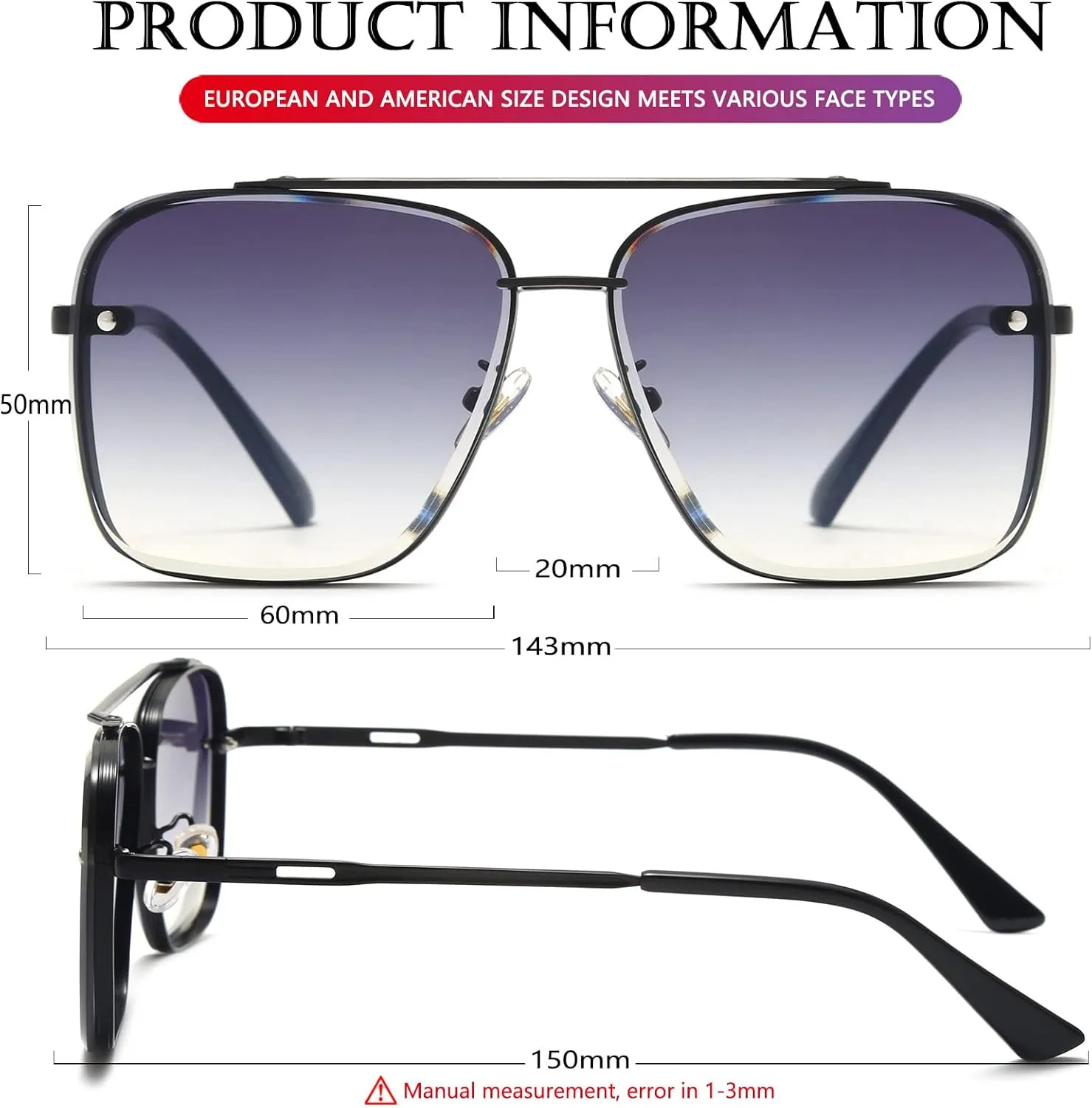 AIEYEZO Square Sunglasses for Men Women Fashion Oversized Glasses Metal Frame Square Aviator Gradient Shades
